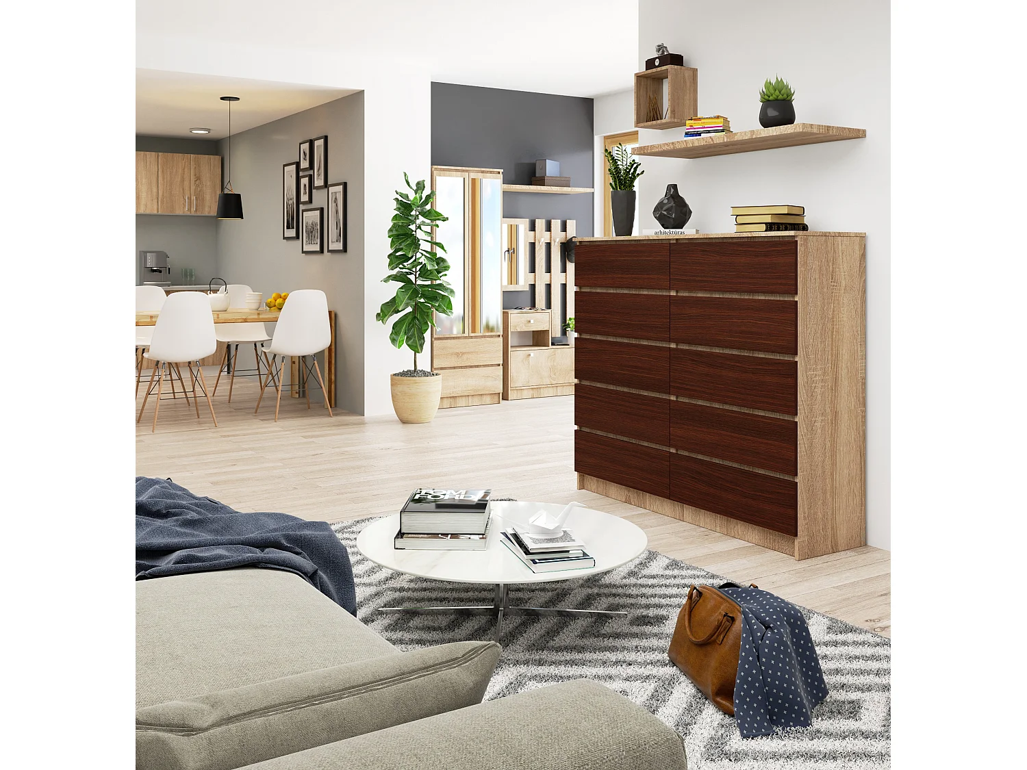 Commode AKORD K140 Chêne Sonoma 138 cm 10 tiroirs façade Wengé 138x40x121 cm