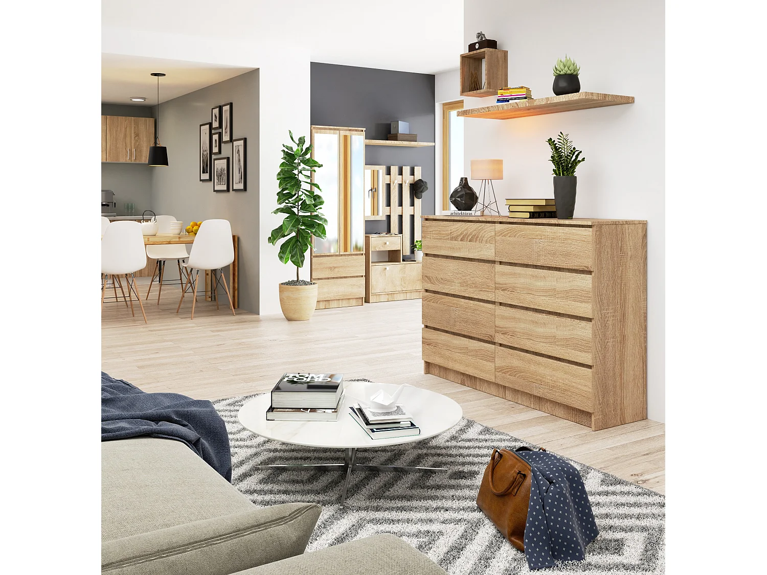 Kommode AKORD K140 Sonoma-Eiche 138 cm 8 Schubladen B138 x H99 x T40 cm