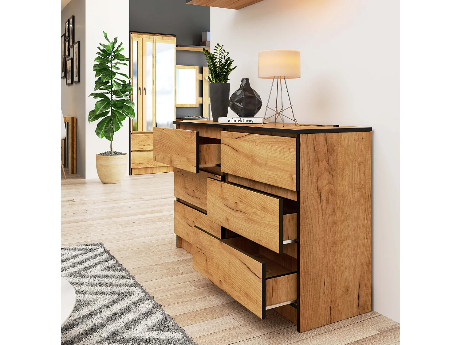 Commode AKORD K120 Chêne Craft 120 cm 6 tiroirs façade Chêne Craft 120x40x77 cm