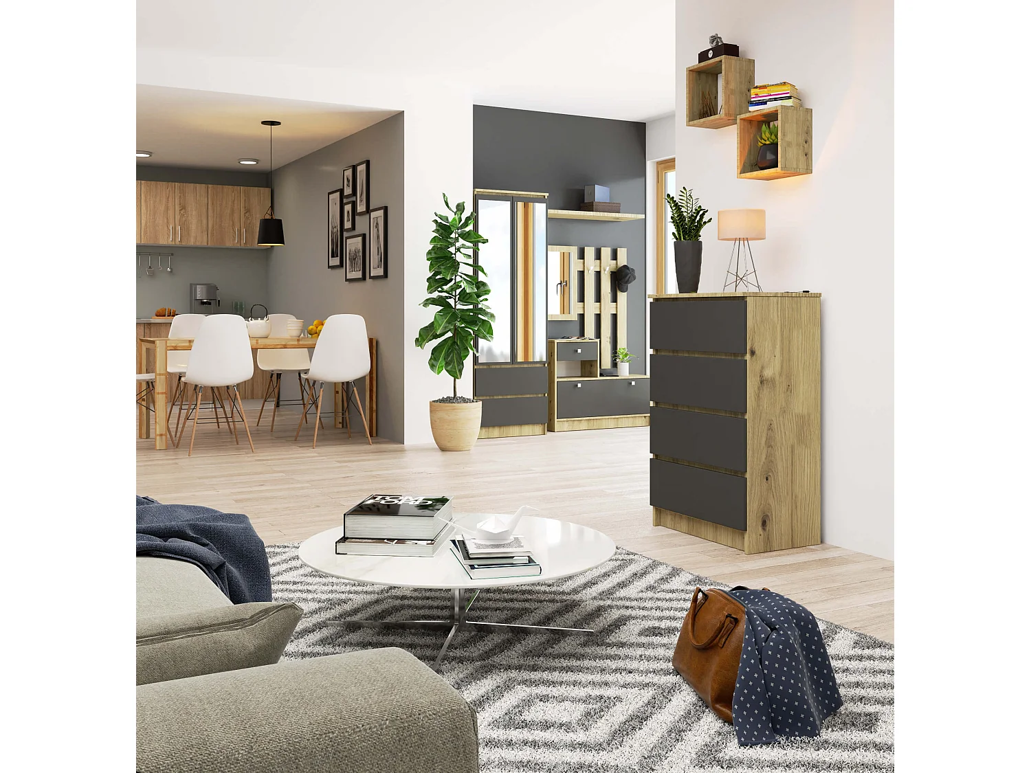 Artisan Eiken & Grijze Ladekast K60 - 4 Lades, 60 cm Breed, Zelfmontage, Modern Design