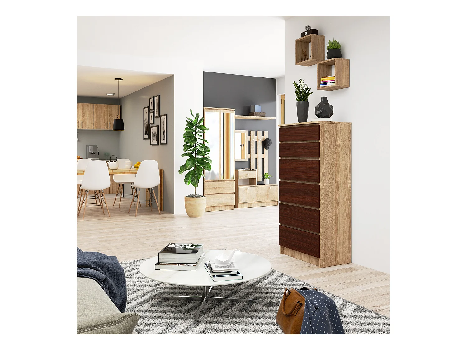 Commode AKORD K60 Chêne Sonoma 60 cm 6 tiroirs façade Wengé 60x40x130 cm