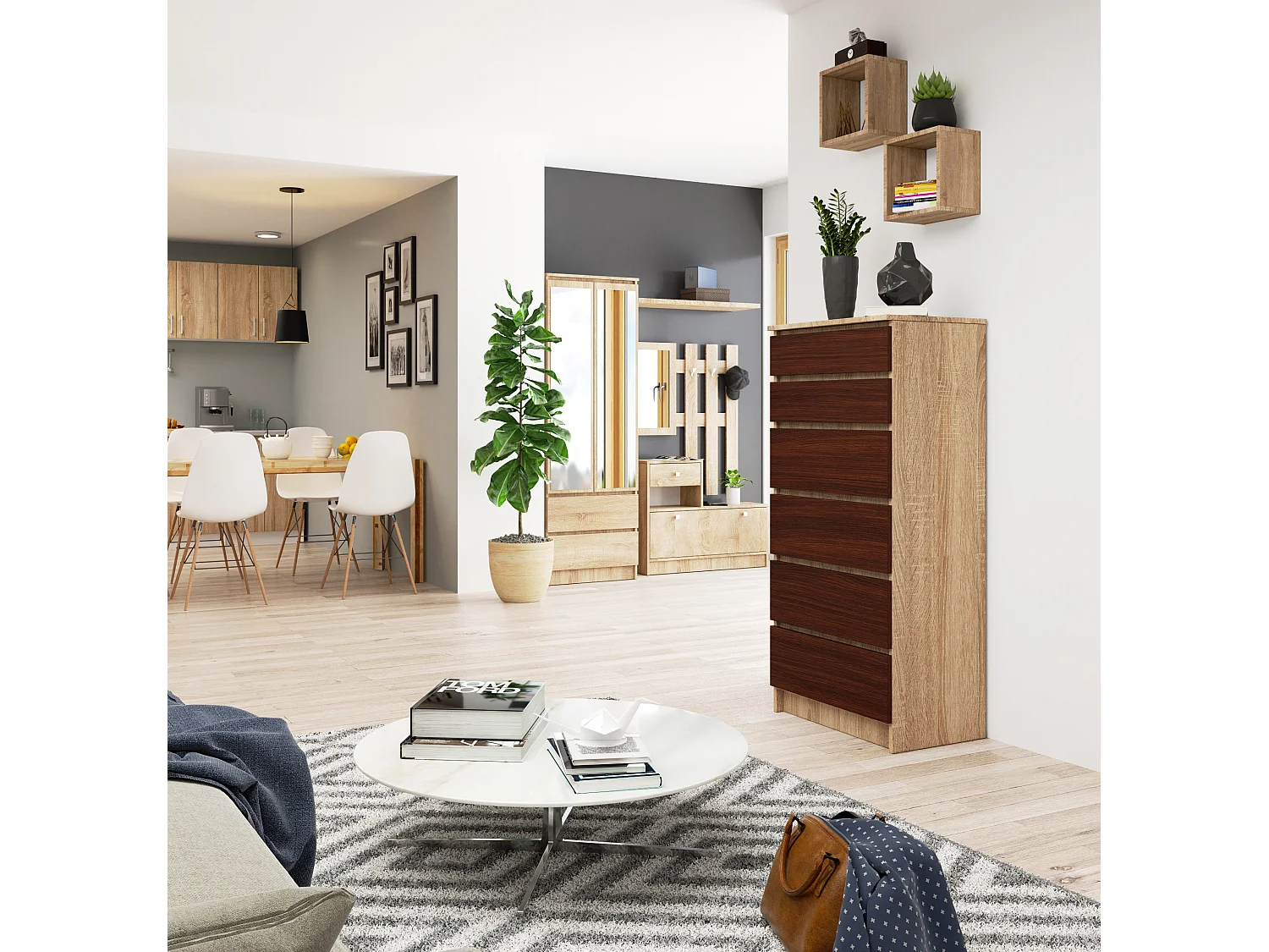 Commode AKORD K60 Chêne Sonoma 60 cm 6 tiroirs façade Wengé 60x40x130 cm