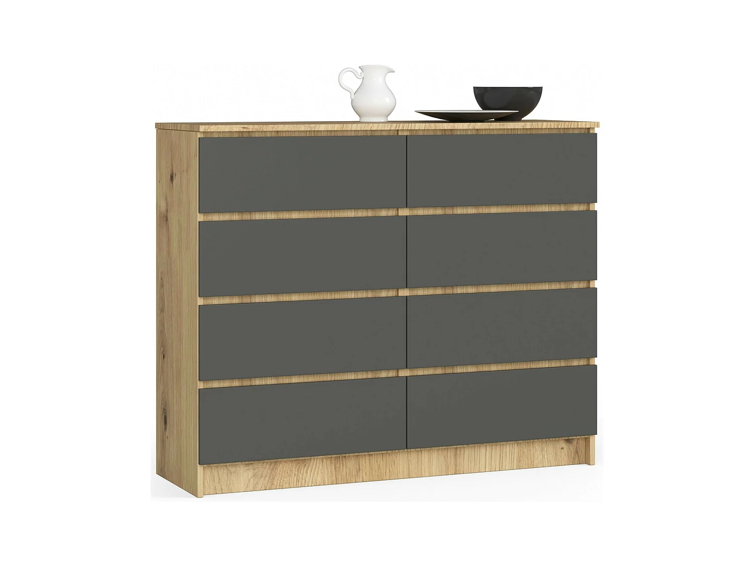 Commode AKORD K120 Chêne Artisan 120 cm 8 tiroirs façade Gris Graphite 120x40x99 cm