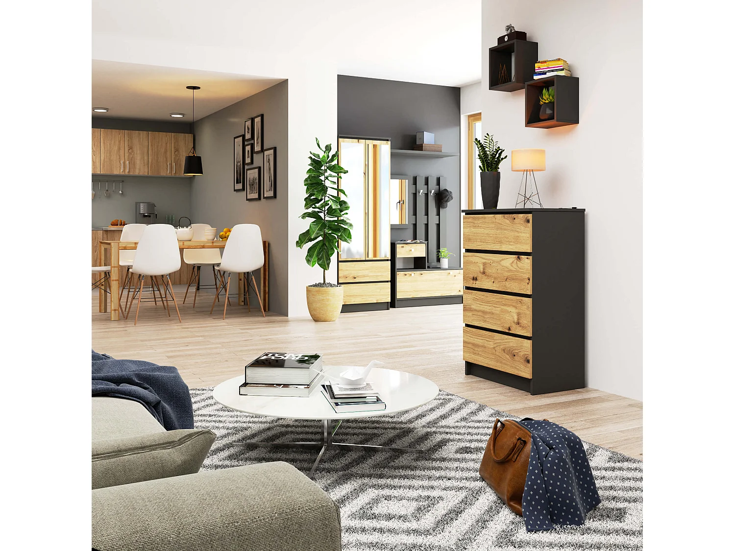 Commode AKORD K60 Gris Graphite 60 cm 4 tiroirs façade Chêne Artisan 60x40x99 cm