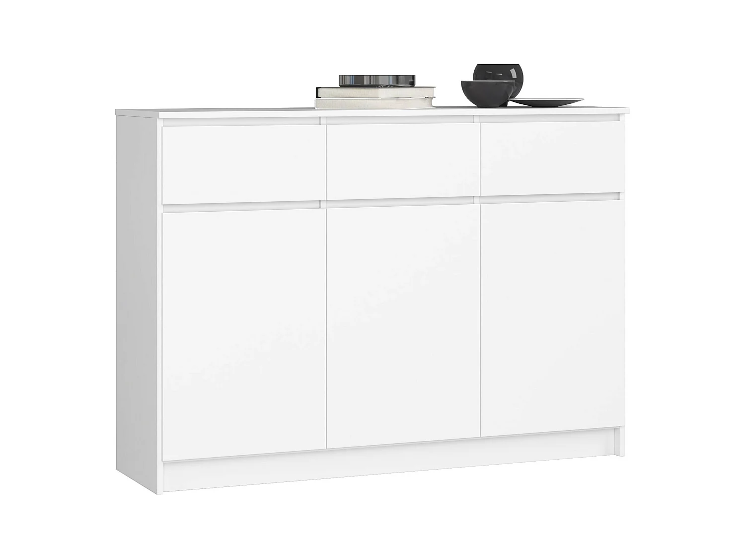 Commode AKORD K140 Blanche 138 cm 3 portes 3 tiroirs façade Blanche 6 étagères 138x40x99 cm