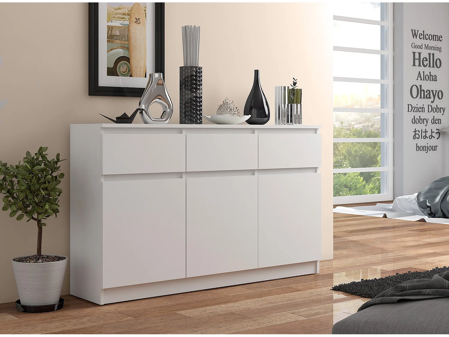 Commode AKORD K140 Blanche 138 cm 3 portes 3 tiroirs façade Blanche 6 étagères 138x40x99 cm