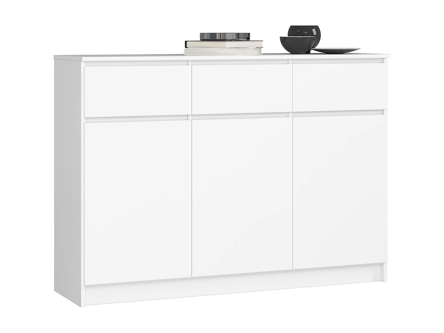 Commode AKORD K140 Blanche 138 cm 3 portes 3 tiroirs façade Blanche 6 étagères 138x40x99 cm