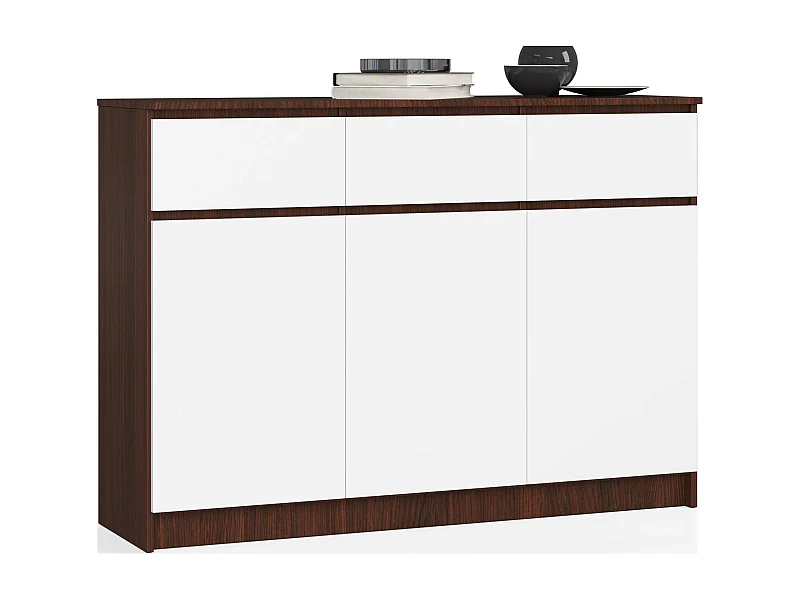 Commode AKORD K140 Wengé 138 cm 3 portes 3 tiroirs façade Blanche 6 étagères 138x40x99 cm