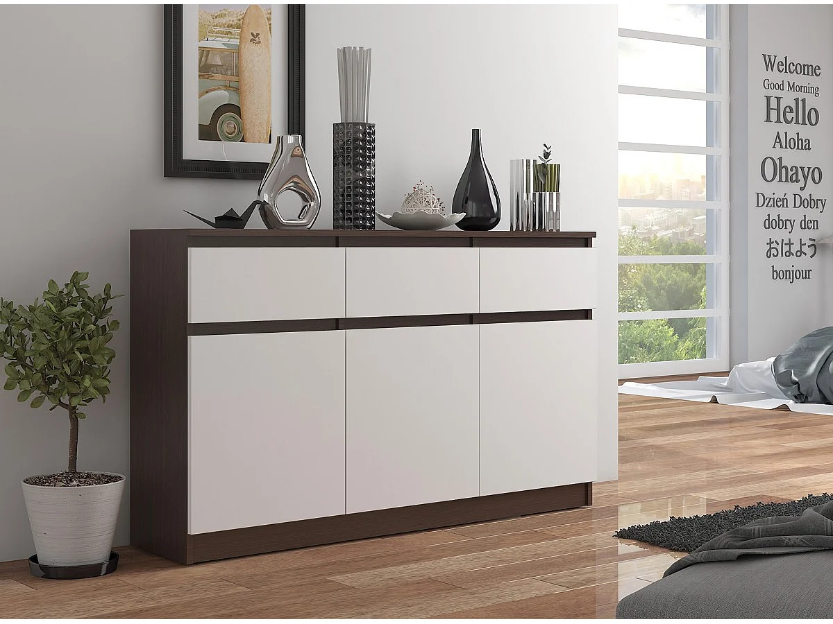 Cassettiera AKORD K140 Wengé 138 cm 3 ante 3 cassetti inserto frontale Bianco 138x40x99 cm