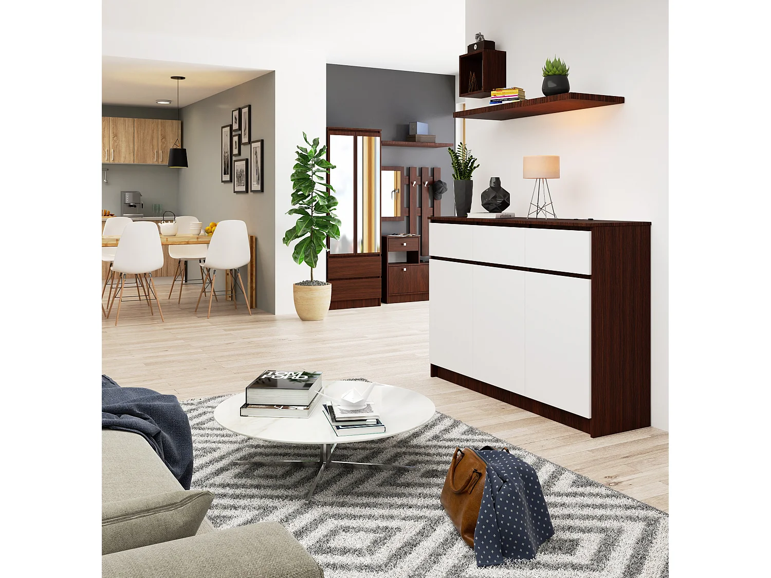 Kommode AKORD K140 Wenge 138 cm 3 Türen 3 Schubladen 6 Ebenen Front Weiß B138 x H99 x T40 cm