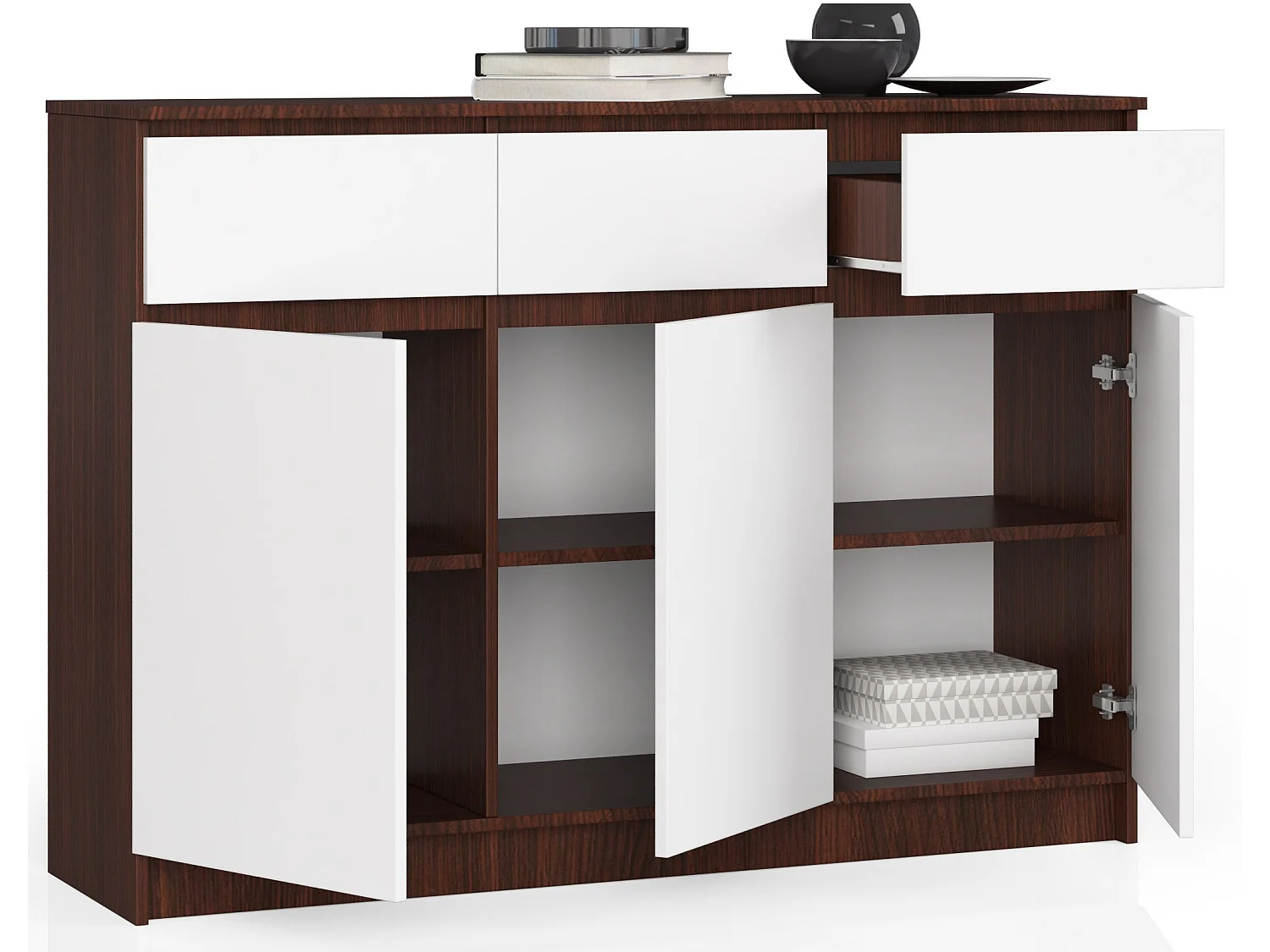Commode AKORD K140 Wengé 138 cm 3 portes 3 tiroirs façade Blanche 6 étagères 138x40x99 cm