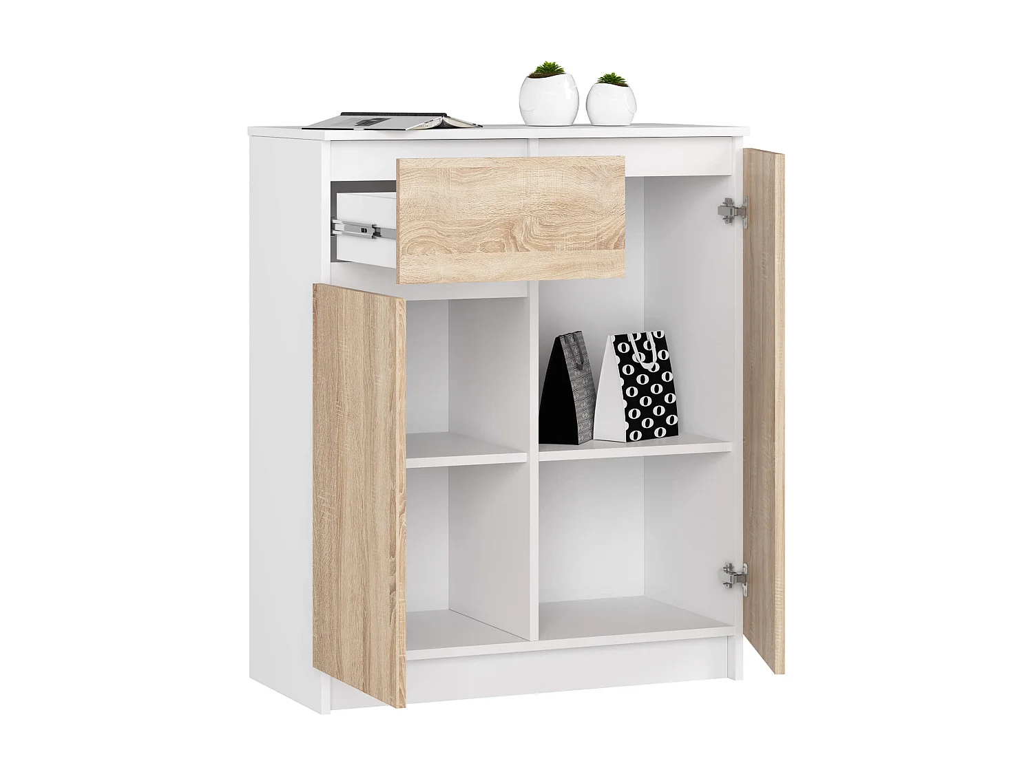 Moderne Staande Kommode 80cm - Wit/Dub Sonoma - Zelfmontage - 1 Lade, 2 Deuren