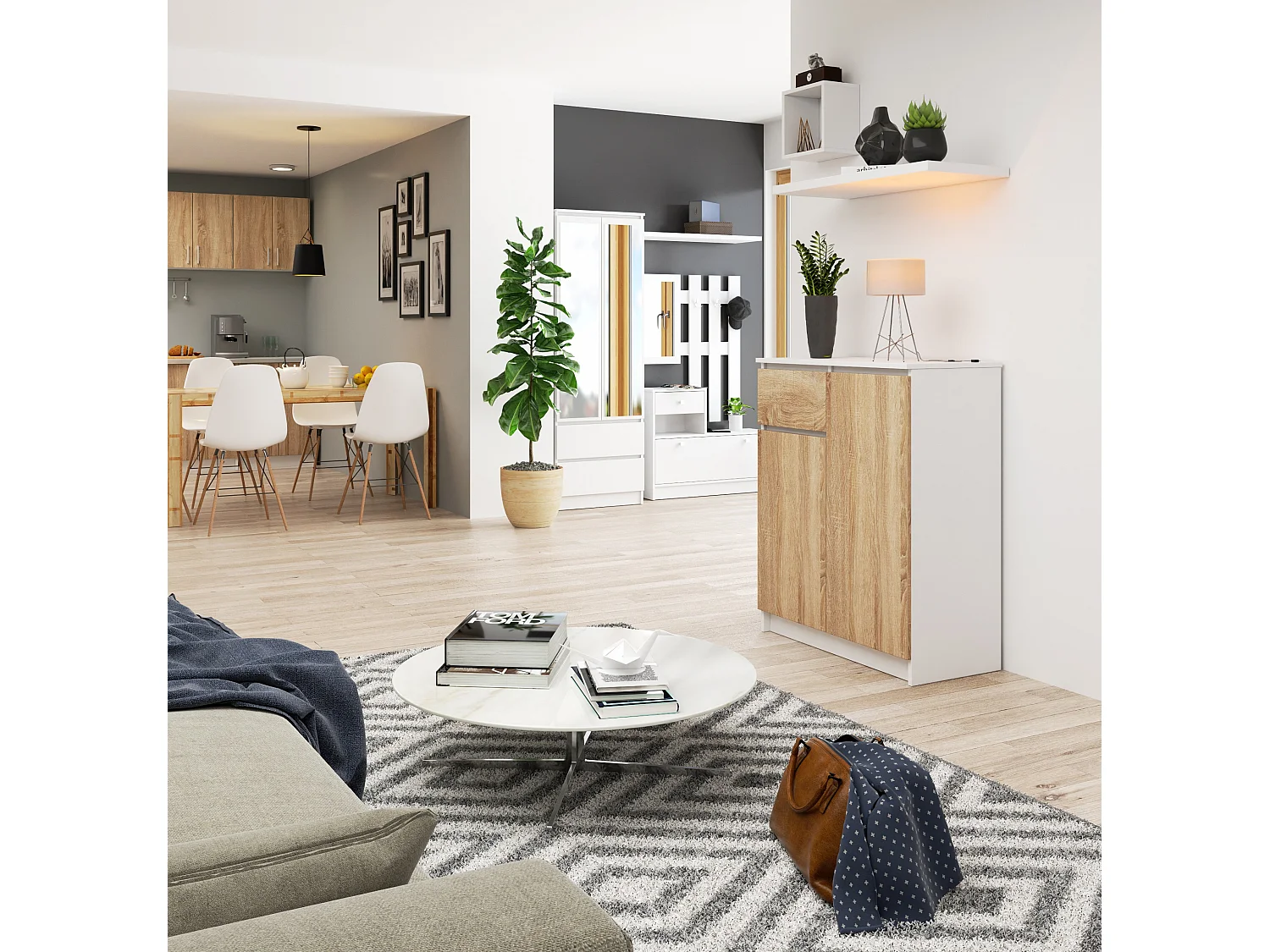 Moderne Staande Kommode 80cm - Wit/Dub Sonoma - Zelfmontage - 1 Lade, 2 Deuren