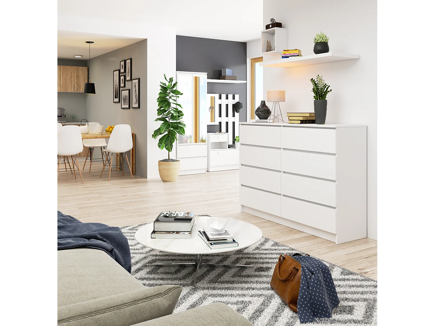 Kommode AKORD K140 Weiß 138 cm 8 Schubladen B138 x H99 x T40 cm