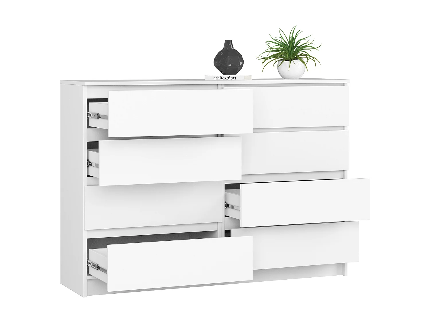 Commode AKORD K140 Blanche 138 cm 8 tiroirs façade Blanche 138x40x99 cm