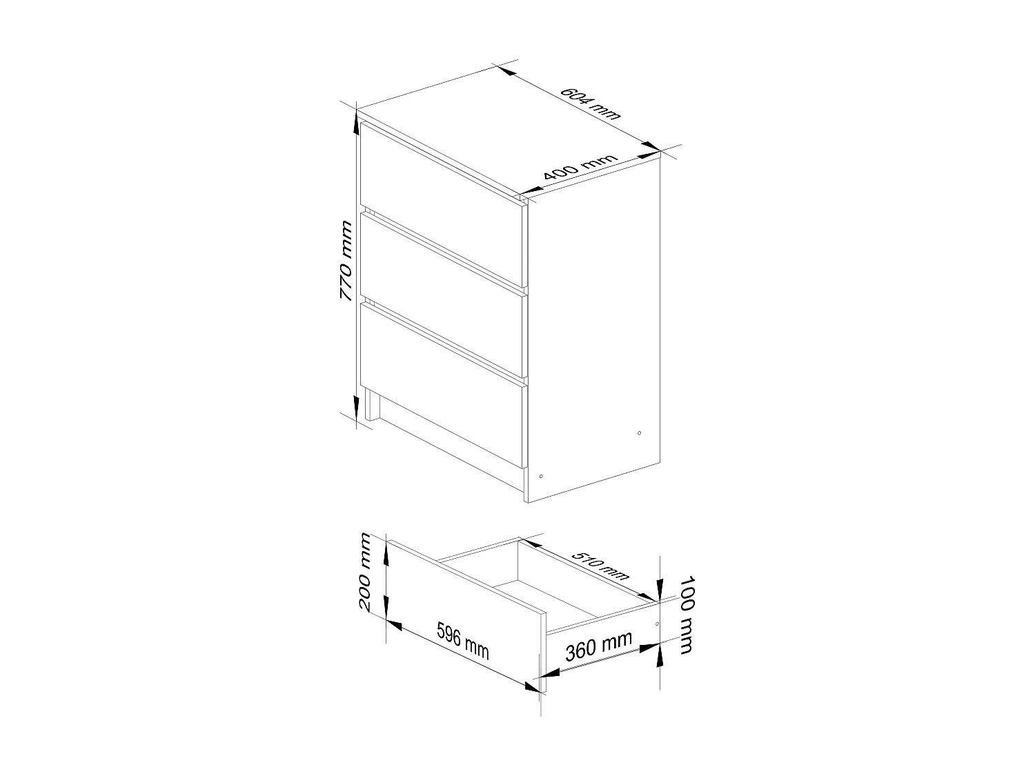 Commode AKORD K60 Wengé 60 cm 3 tiroirs façade Blanche 60x40x77 cm
