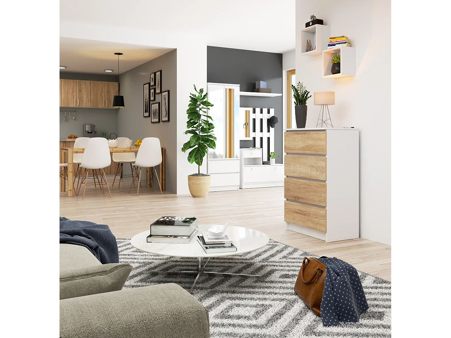 Witte/Sonoma Eiken Kast K60 4 Laden - Moderne Mat Laminaat Meubels, Zelfmontage 99x60x40 cm