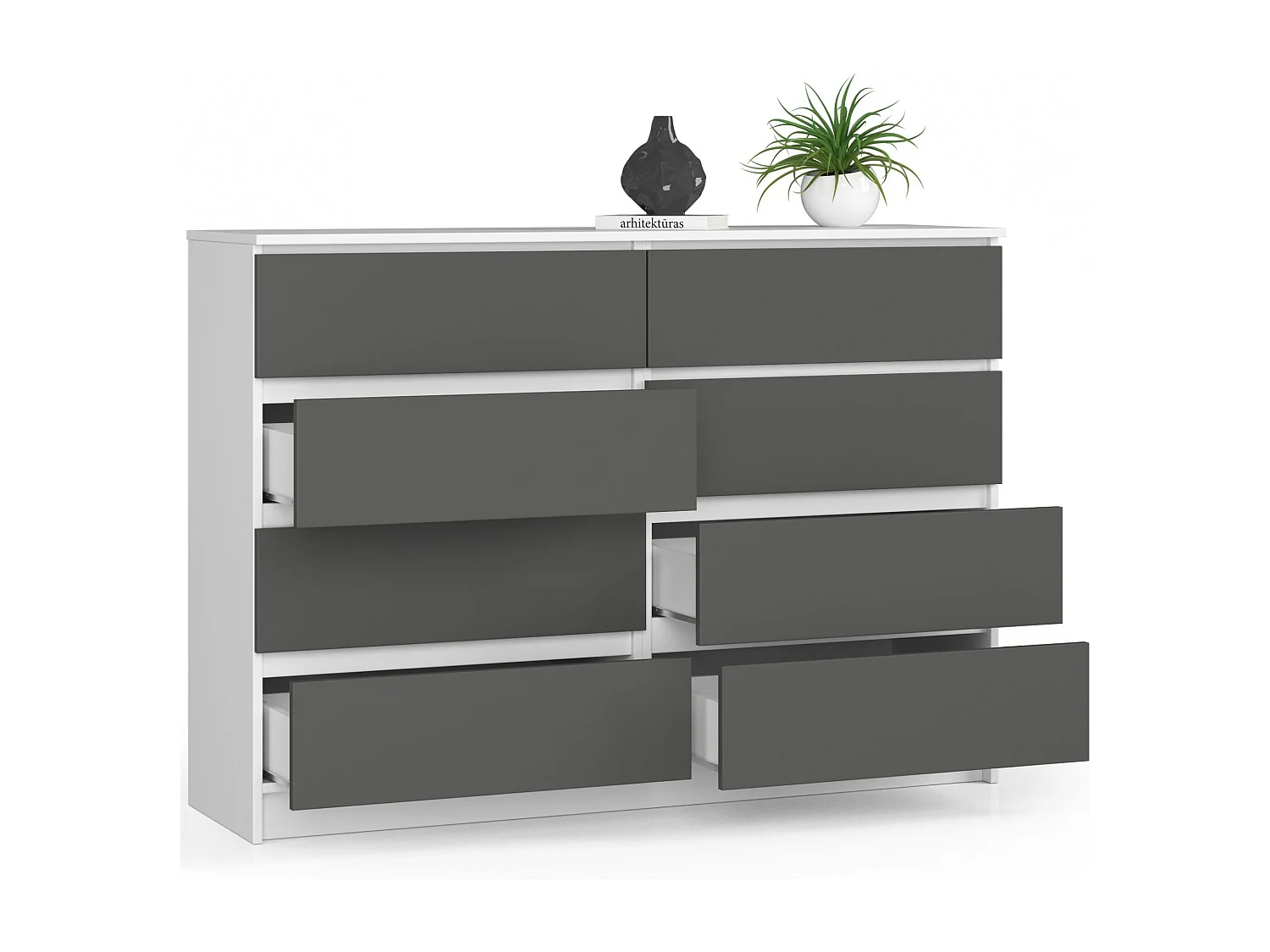Commode AKORD K140 Blanche 138 cm 8 tiroirs façade Gris Graphite 138x40x99 cm