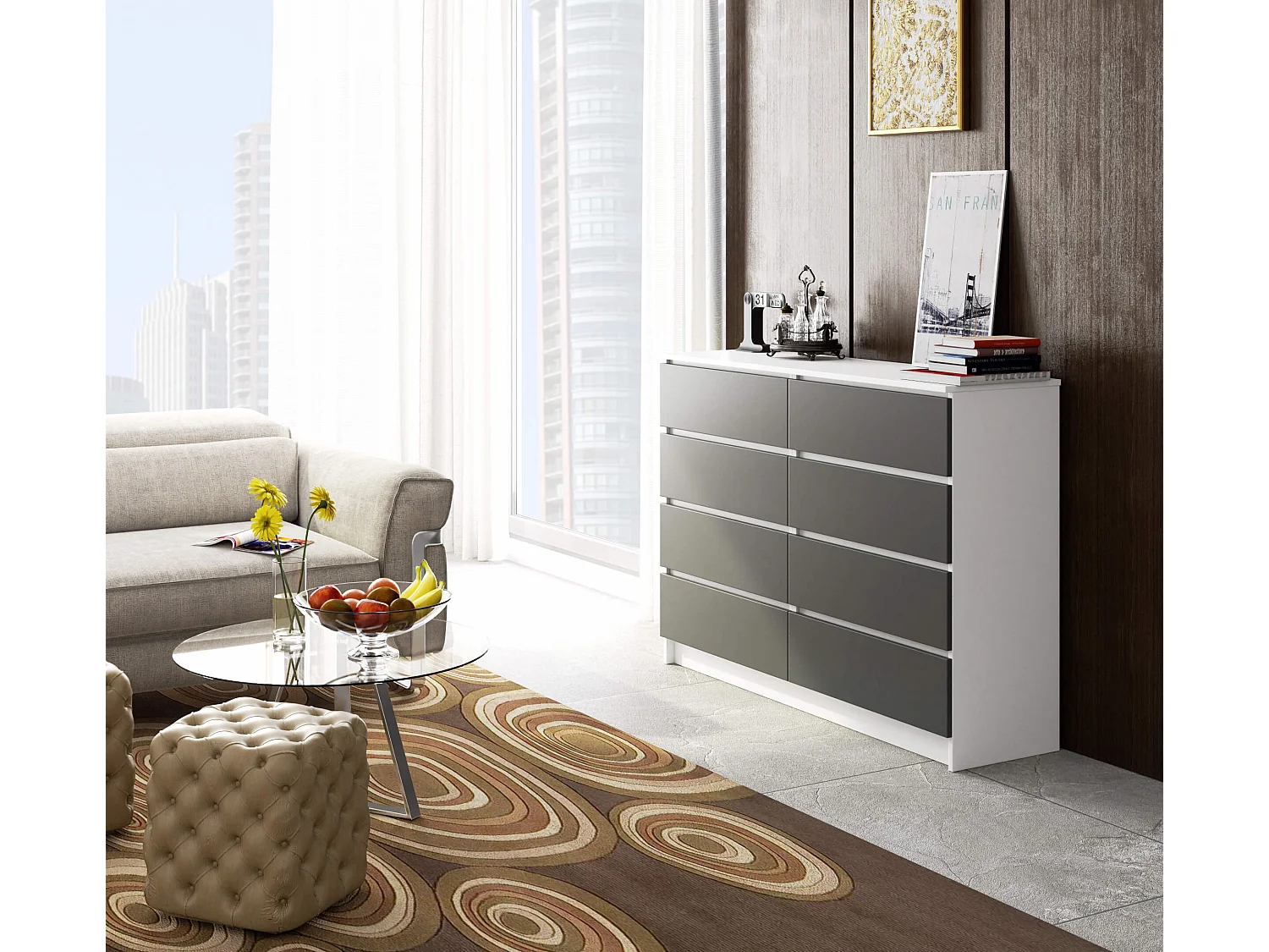 Commode AKORD K140 Blanche 138 cm 8 tiroirs façade Gris Graphite 138x40x99 cm