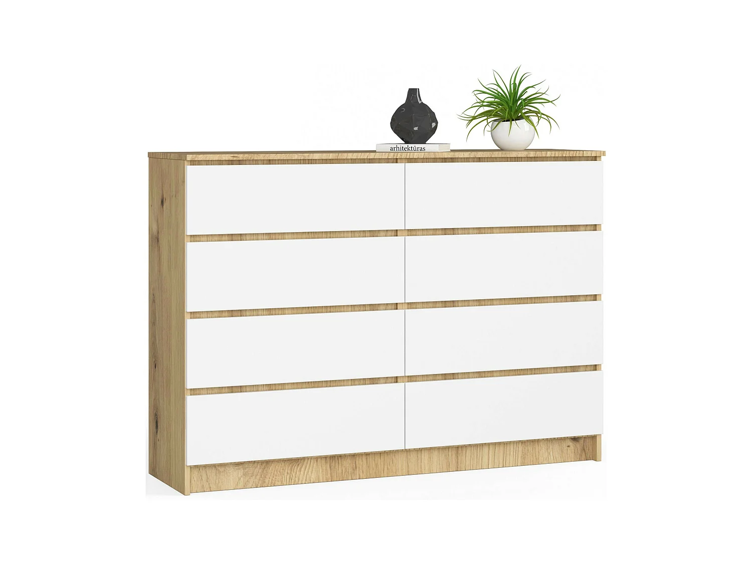 Commode AKORD K140 Chêne Artisan 138 cm 8 tiroirs façade Blanche 138x40x99 cm