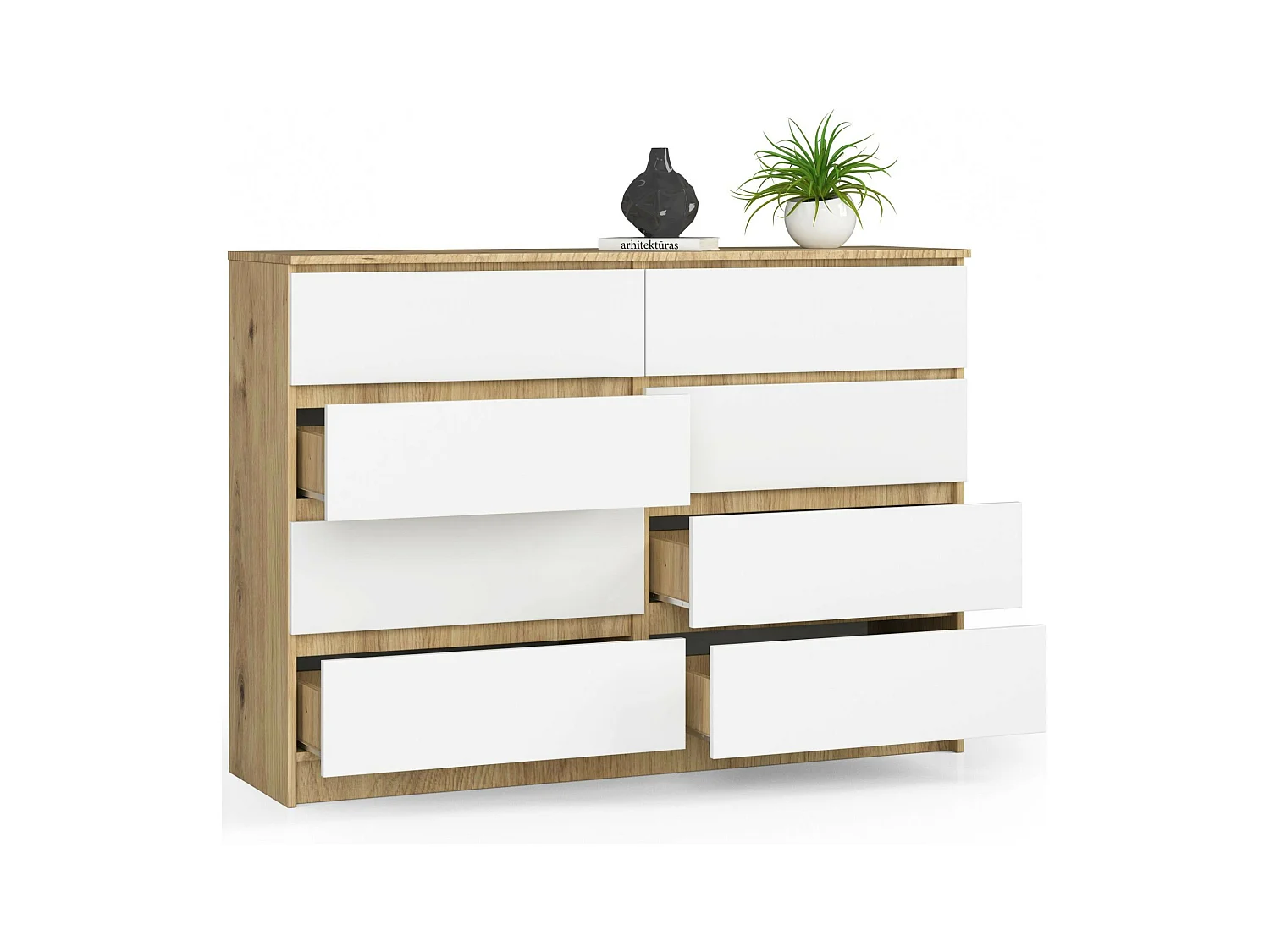 ArtiCommode K140 - 8 Ladenkast in Eiken Artisan/Wit - Stijlvolle Opberger in Mat Wit & Artisan Eikenhout - Zelfmontage Meubel 138x99x40 cm