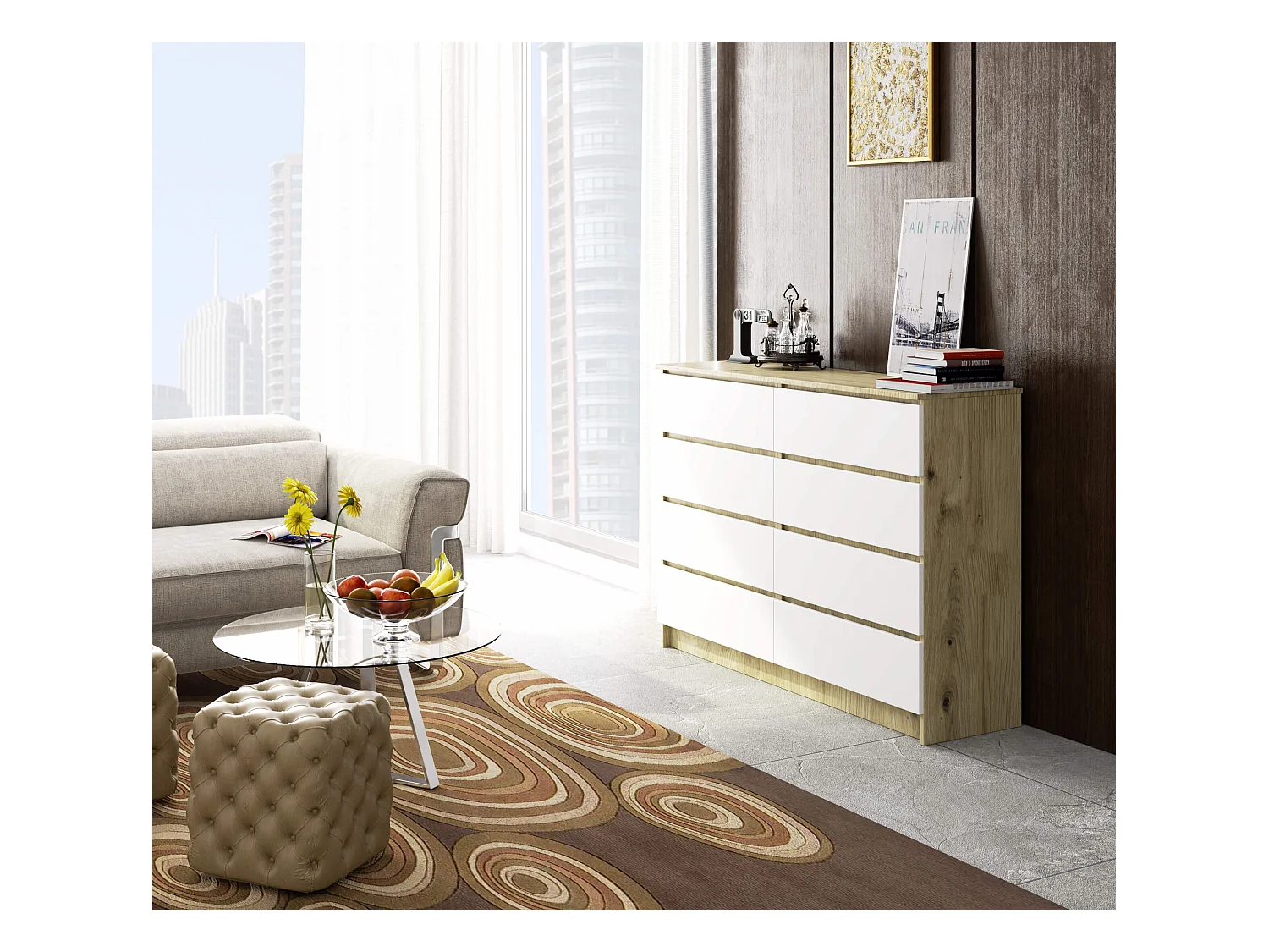 ArtiCommode K140 - 8 Ladenkast in Eiken Artisan/Wit - Stijlvolle Opberger in Mat Wit & Artisan Eikenhout - Zelfmontage Meubel 138x99x40 cm