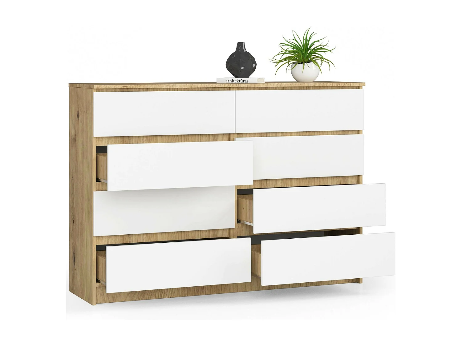 Kommode AKORD K140 Eiche Artisan 138 cm 8 Schubladen Front Weiß B138 x H99 x T40 cm