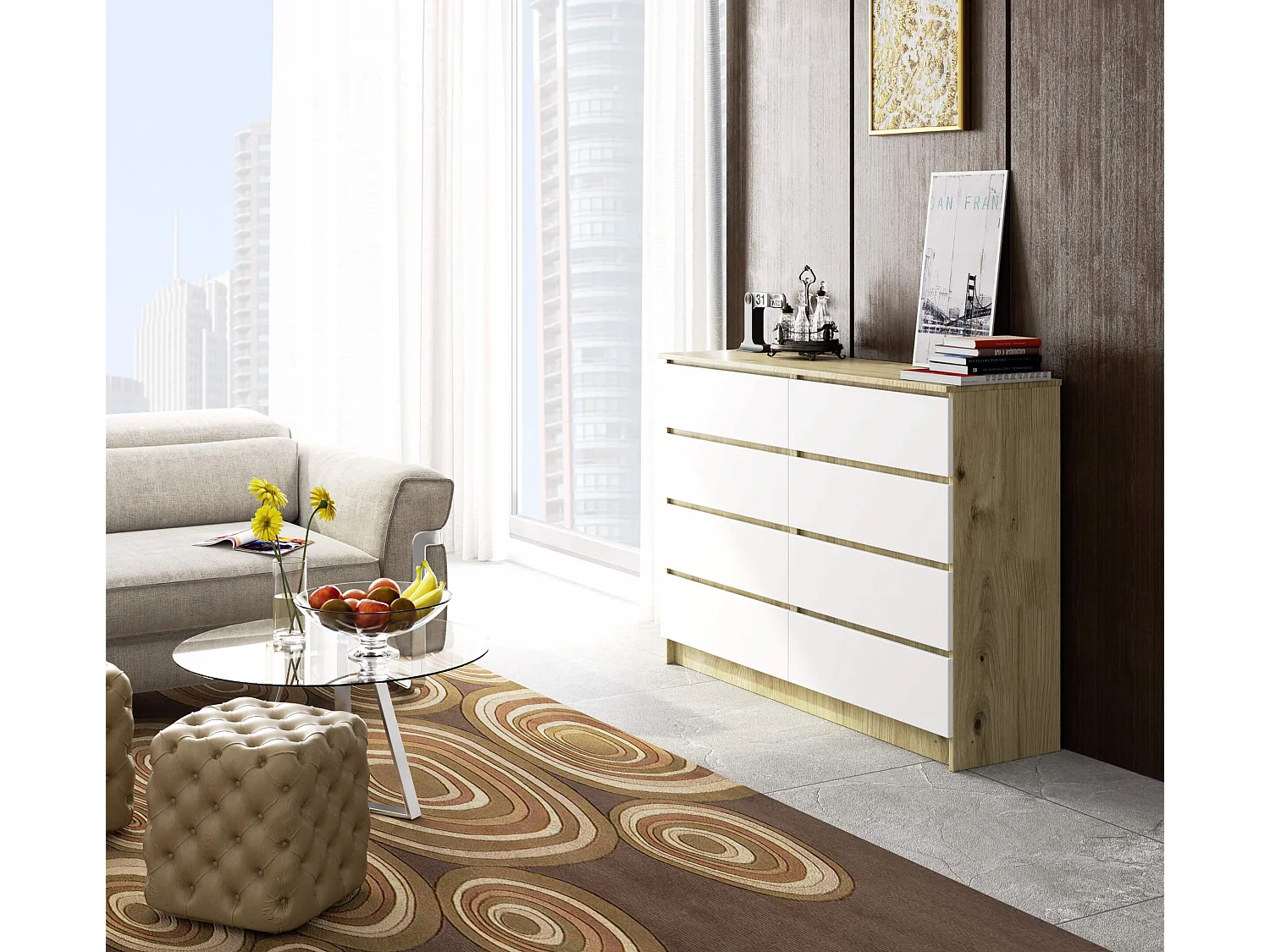 Cassettiera AKORD K140 Quercia Artisan 138 cm 8 cassetti inserto frontale Bianco 138x40x99 cm