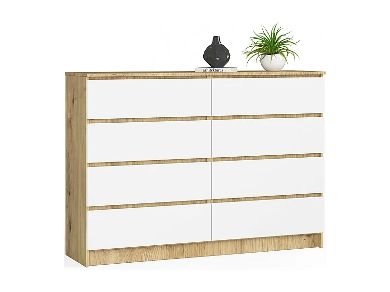 Commode AKORD K140 Chêne Artisan 138 cm 8 tiroirs façade Blanche 138x40x99 cm