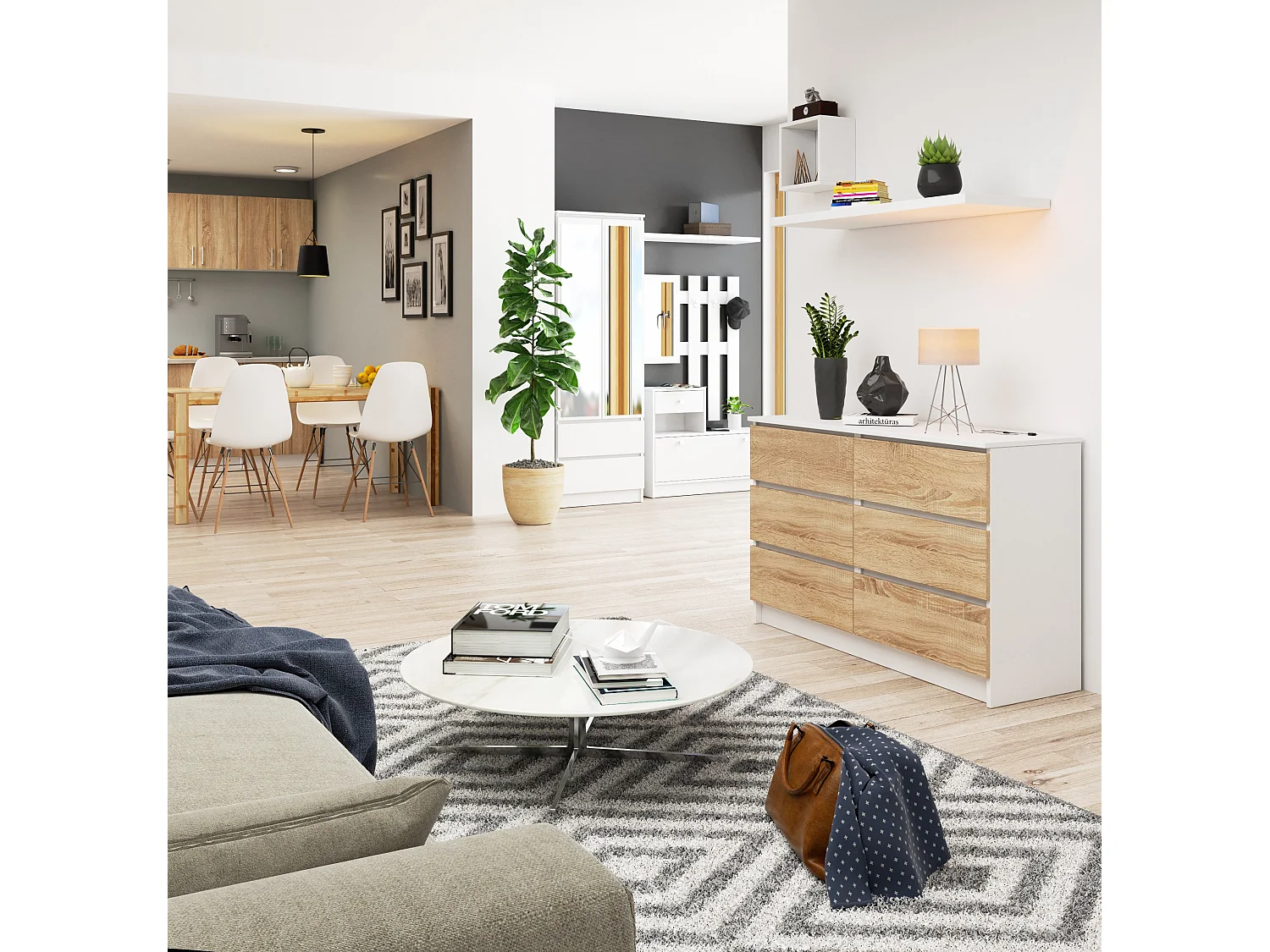 Kommode AKORD K120 Weiß 120 cm 6 Schubladen Front Sonoma-Eiche B120 x H77 x T40 cm