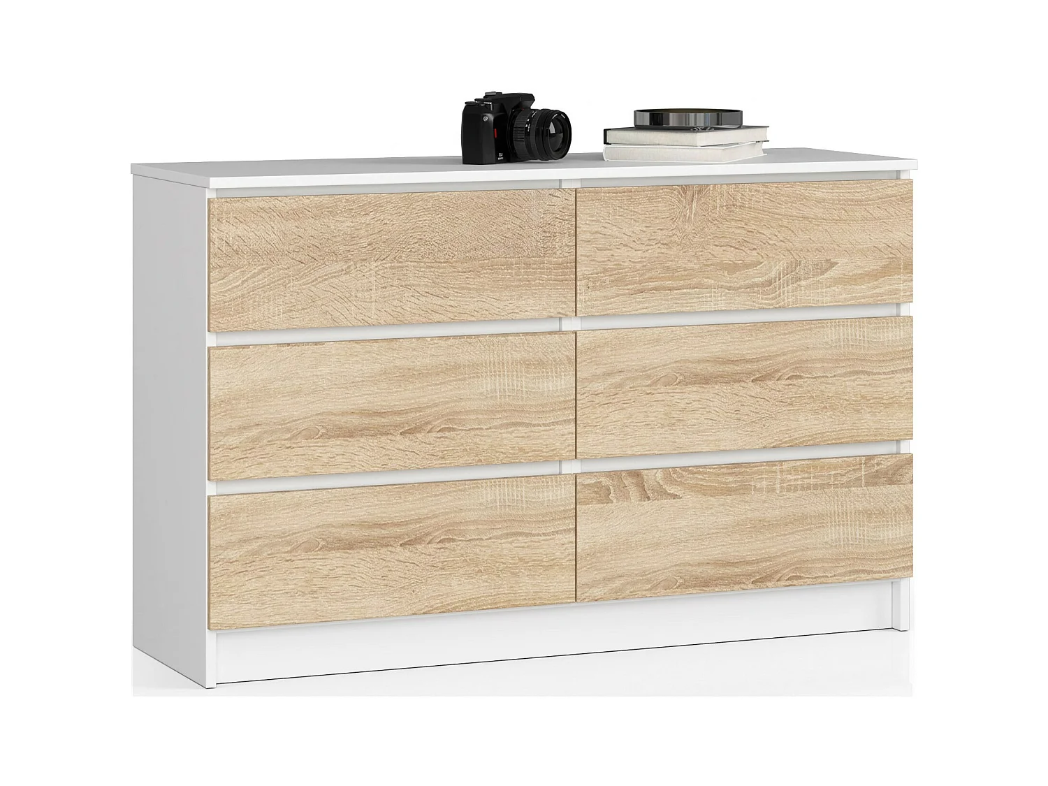 Commode AKORD K120 Blanche 120 cm 6 tiroirs façade Chêne Sonoma 120x40x77 cm