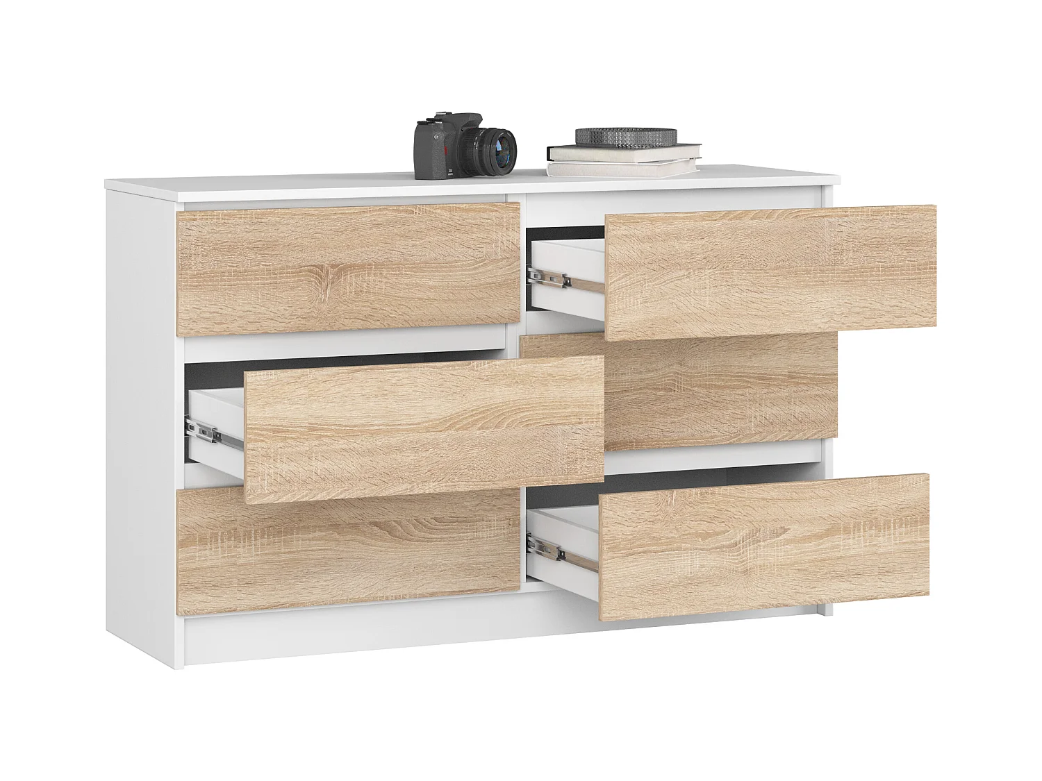 Kommode K120 Met 6 Lades in Wit en Eiken Sonoma Afgemaakt Met ABS-randafwerking