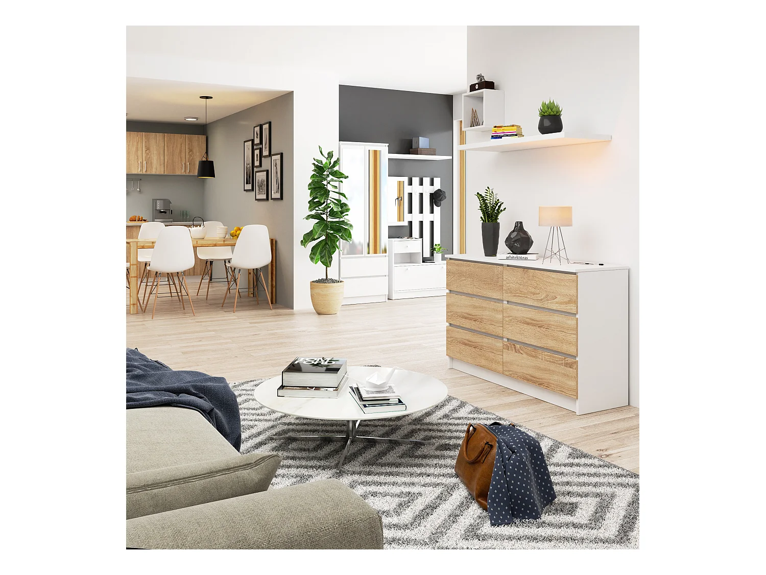 Kommode K120 Met 6 Lades in Wit en Eiken Sonoma Afgemaakt Met ABS-randafwerking