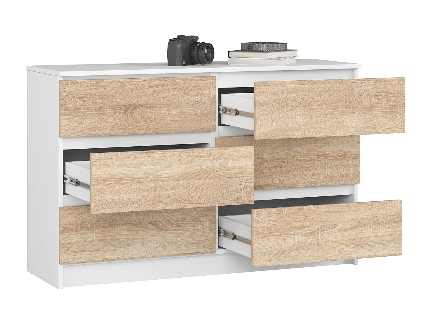 Commode AKORD K120 Blanche 120 cm 6 tiroirs façade Chêne Sonoma 120x40x77 cm