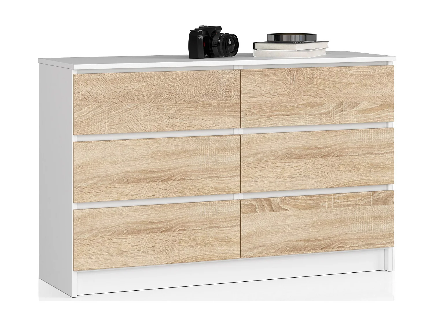 Commode AKORD K120 Blanche 120 cm 6 tiroirs façade Chêne Sonoma 120x40x77 cm