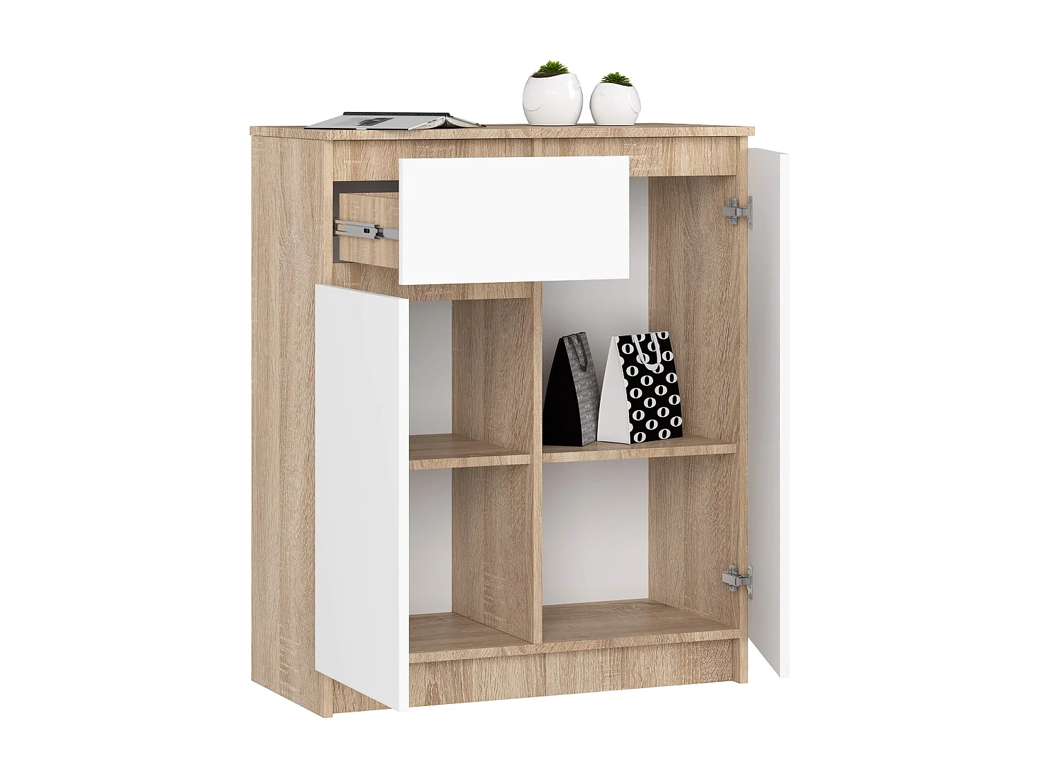 Kommode AKORD K80 Sonoma-Eiche 80 cm 2 Türen Schublade 4 Ebenen Front Weiß B80 x H99 x T40 cm