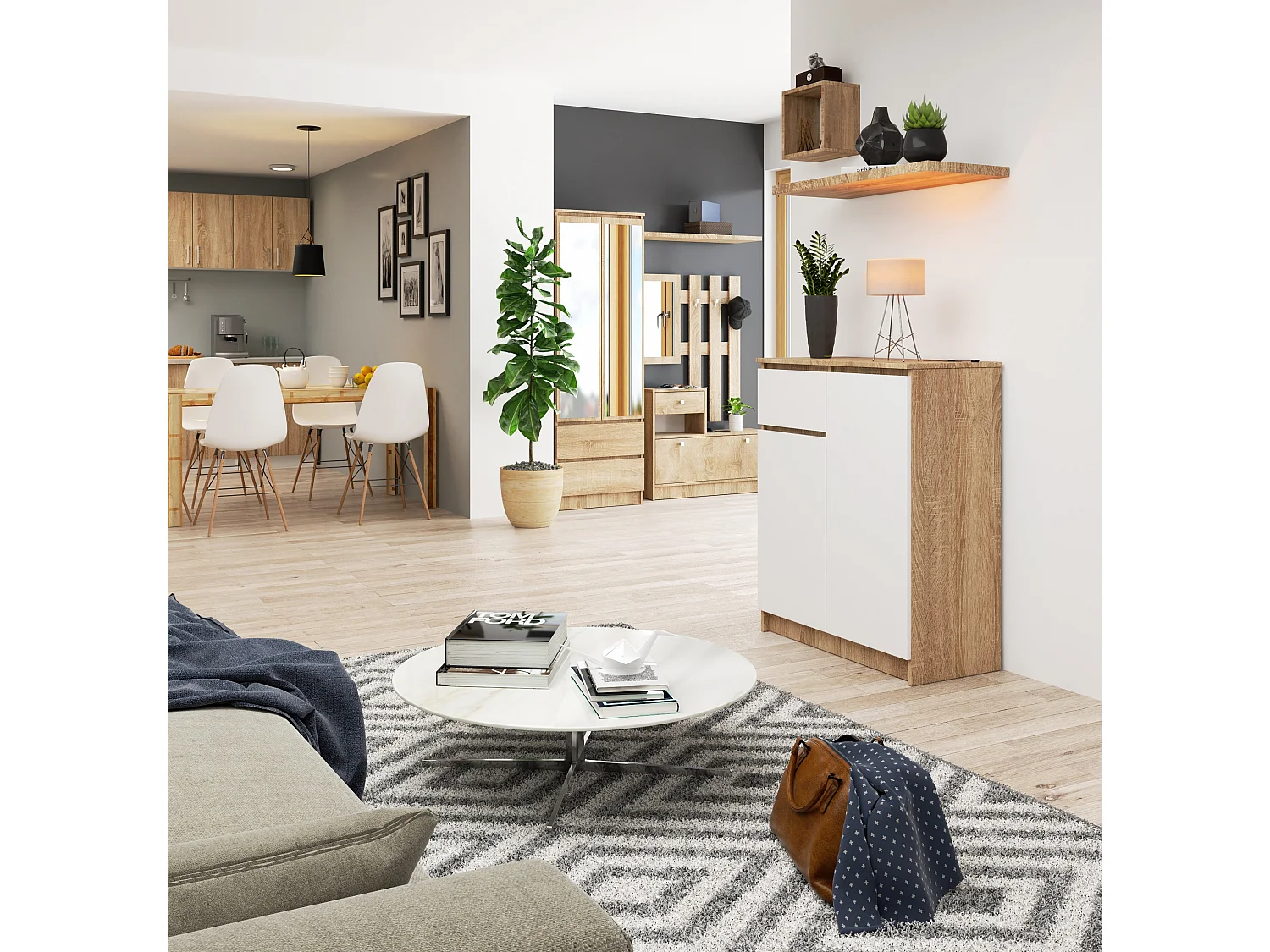 Commode AKORD K80 Chêne Sonoma 80 cm 2 portes 1 tiroir façade Blanche 4 étagères 80x40x99 cm