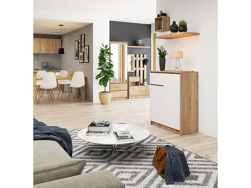 Cómoda AKORD K80 Roble Sonoma 80 cm 2 puertas 1 cajón frente en color Blanco 4 estantes 80x40x99 cm