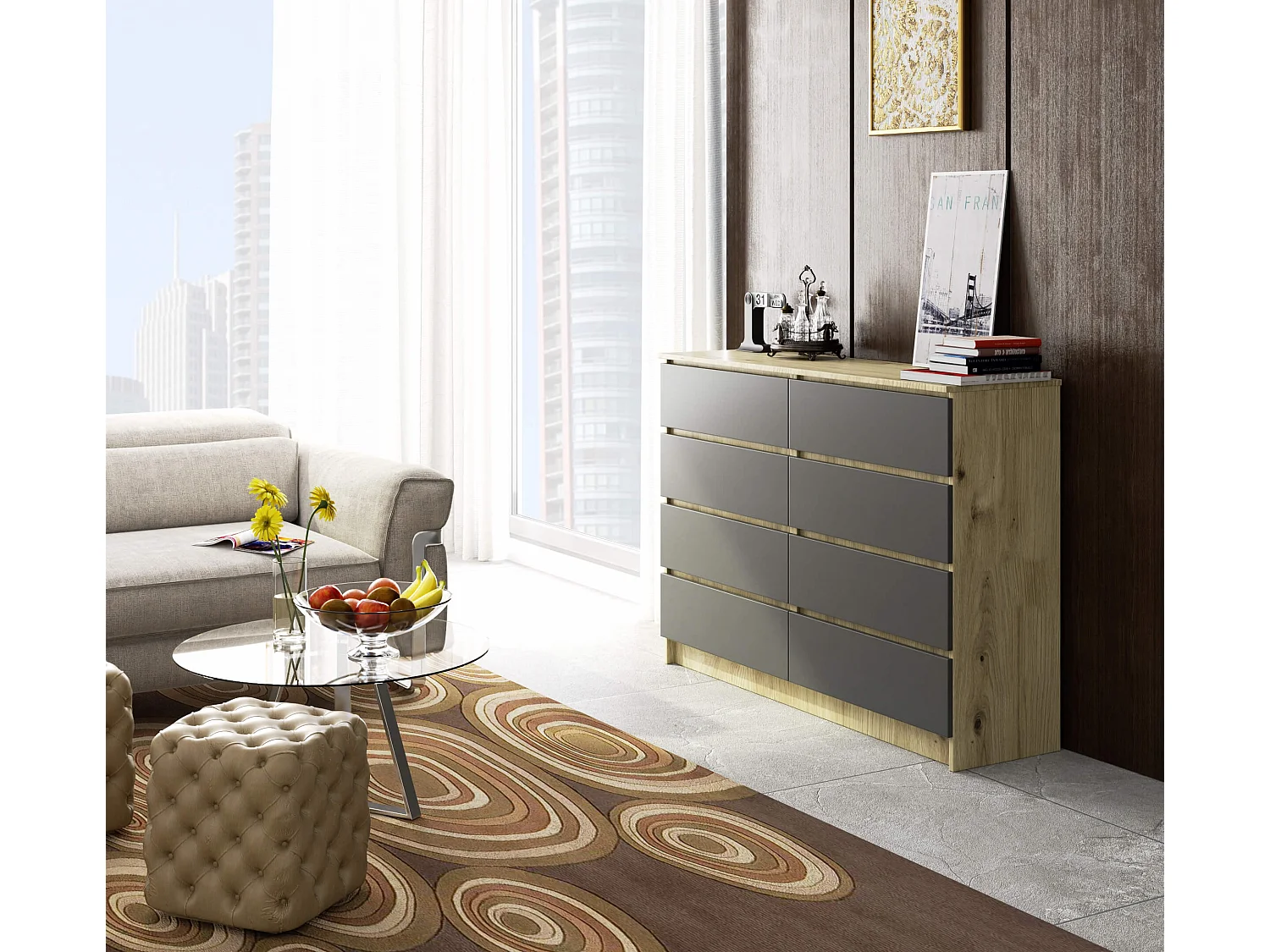 Cassettiera AKORD K140 Quercia Artisan 138 cm 8 cassetti inserto frontale Grigio Grafite 138x40x99 cm