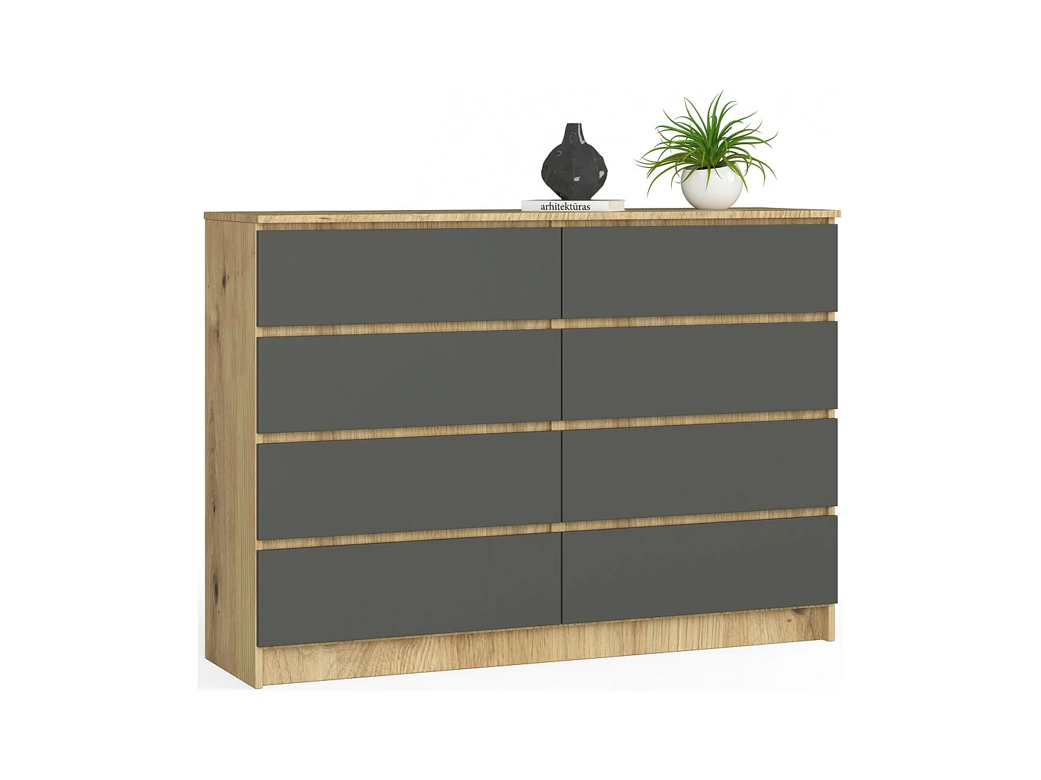 Commode AKORD K140 Chêne Artisan 138 cm 8 tiroirs façade Gris Graphite 138x40x99 cm