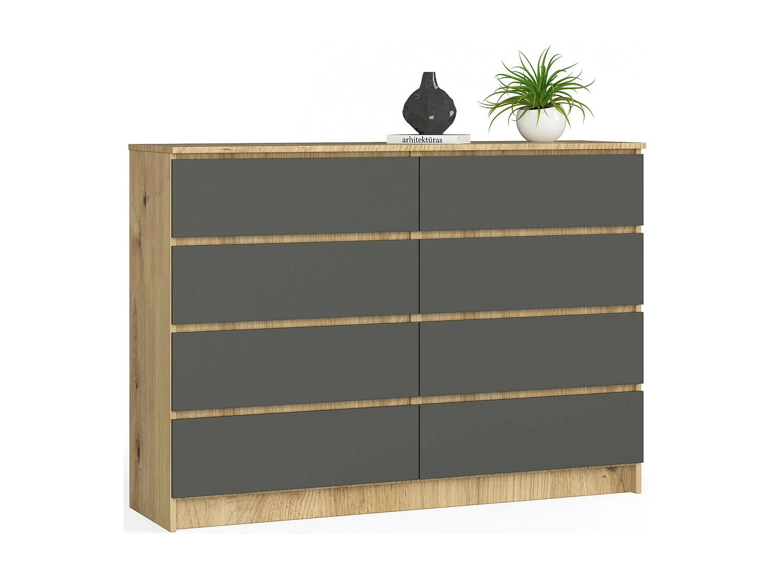 Commode AKORD K140 Chêne Artisan 138 cm 8 tiroirs façade Gris Graphite 138x40x99 cm