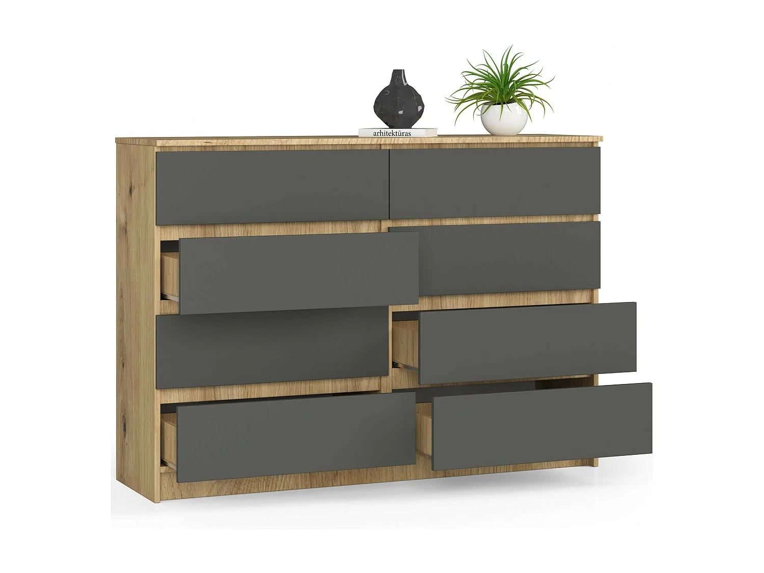 Commode AKORD K140 Chêne Artisan 138 cm 8 tiroirs façade Gris Graphite 138x40x99 cm