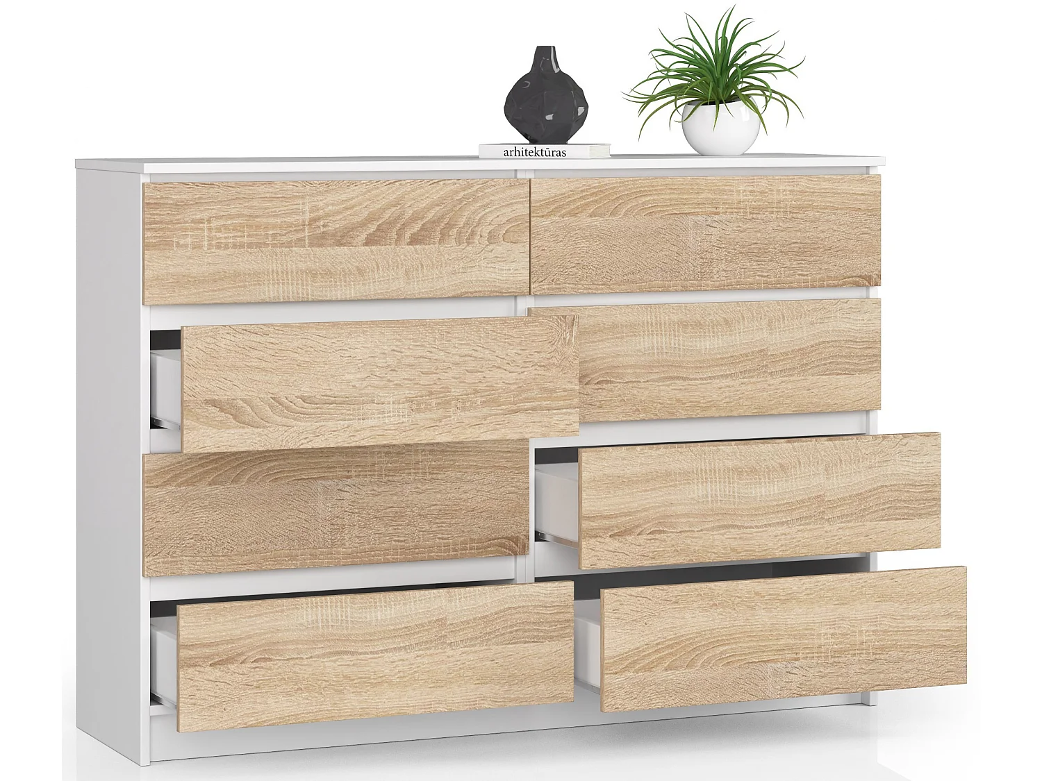 Cassettiera AKORD K140 Bianca 138 cm 8 cassetti inserto frontale Sonoma Quercia 138x40x99 cm