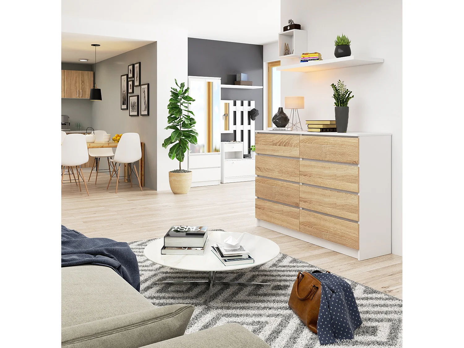 Cassettiera AKORD K140 Bianca 138 cm 8 cassetti inserto frontale Sonoma Quercia 138x40x99 cm