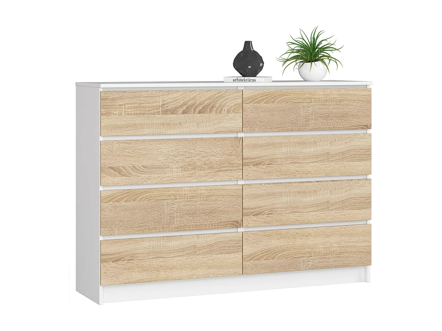 Commode AKORD K140 Blanche 138 cm 8 tiroirs façade Chêne Sonoma 138x40x99 cm