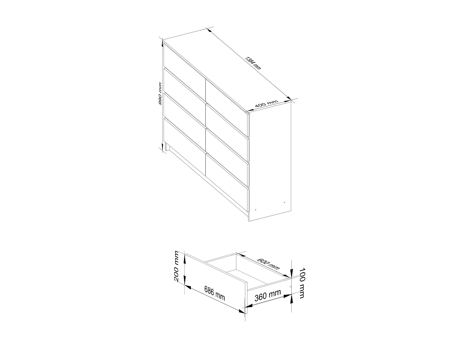 Cassettiera AKORD K140 Bianca 138 cm 8 cassetti inserto frontale Sonoma Quercia 138x40x99 cm