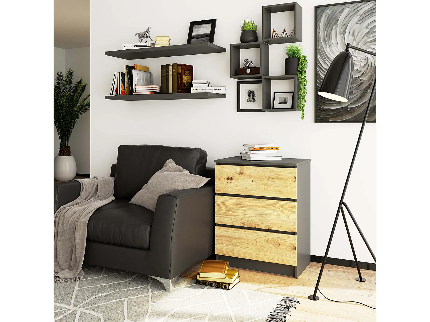 Commode AKORD K60 Gris Graphite 60 cm 3 tiroirs façade Chêne Artisan 60x40x77 cm