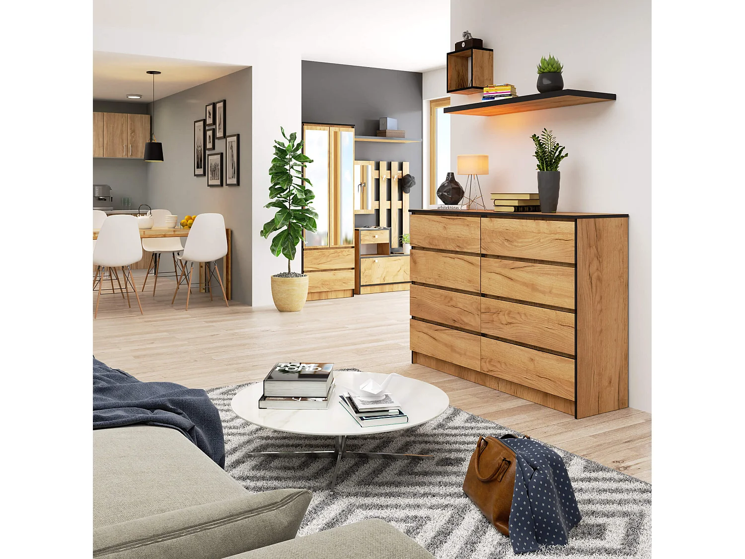 Kommode AKORD K140 Eiche Craft 138 cm 8 Schubladen B138 x H99 x T40 cm