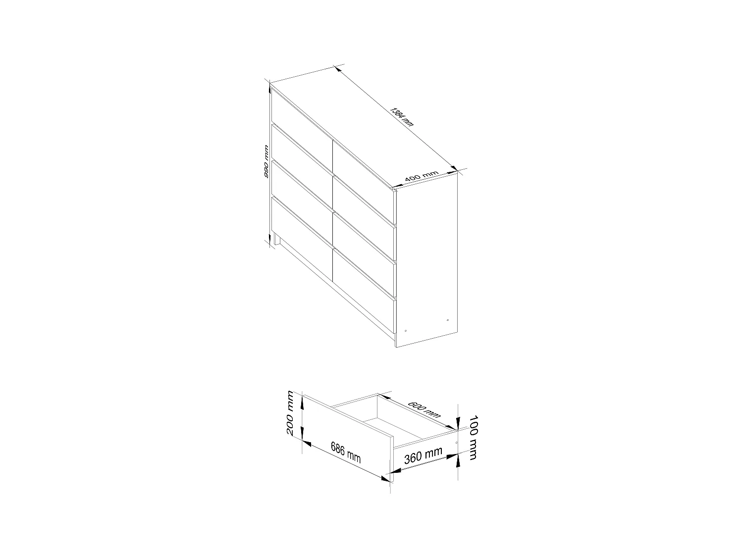 Commode AKORD K140 Chêne Craft 138 cm 8 tiroirs façade Chêne Craft 138x40x99 cm