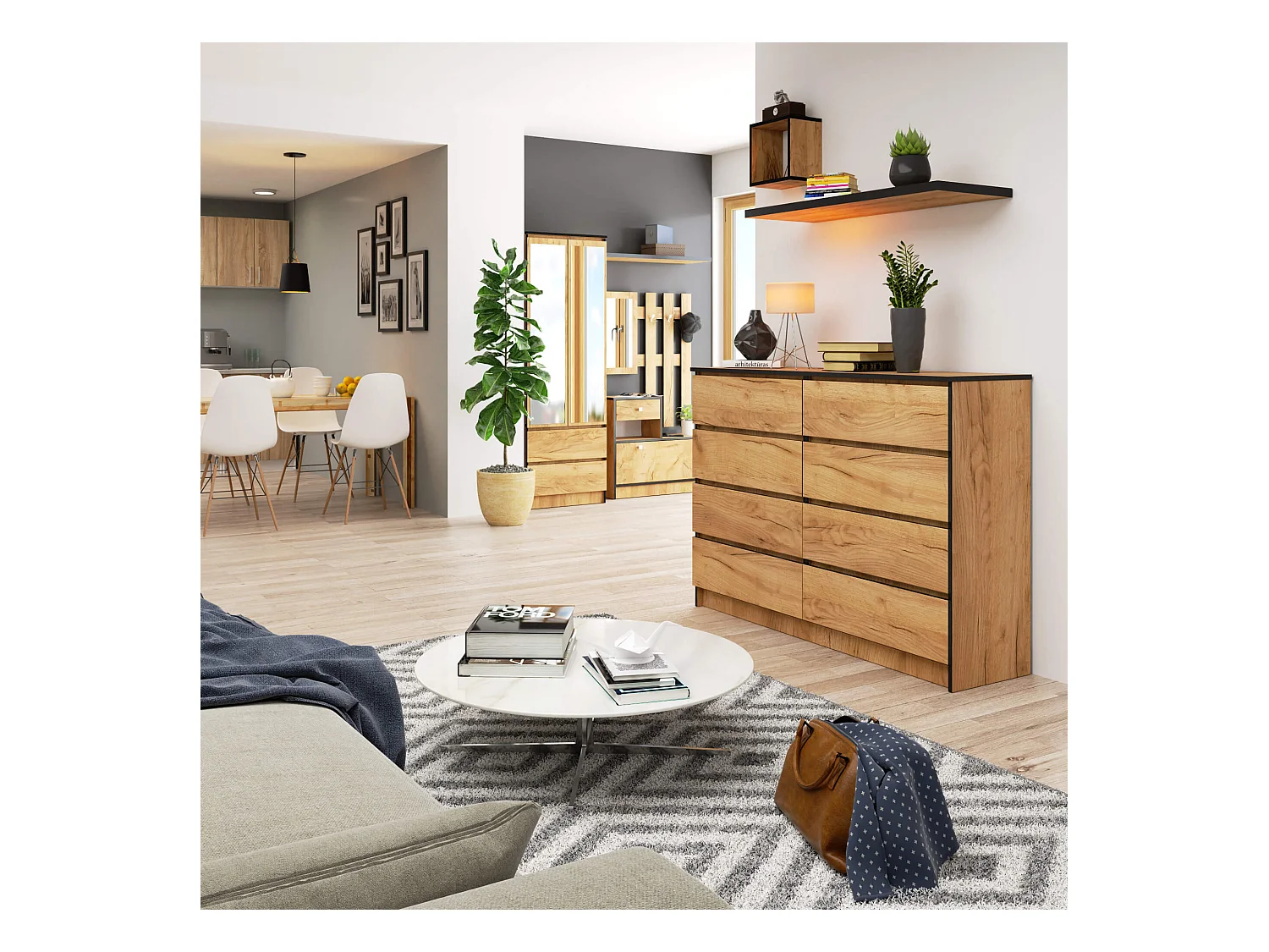 Commode AKORD K140 Chêne Craft 138 cm 8 tiroirs façade Chêne Craft 138x40x99 cm